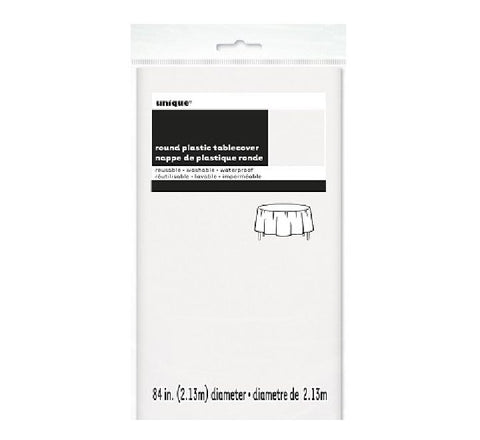 WHITE ROUND PLASTIC TABLECOVER (COMPACT PACKAGING)